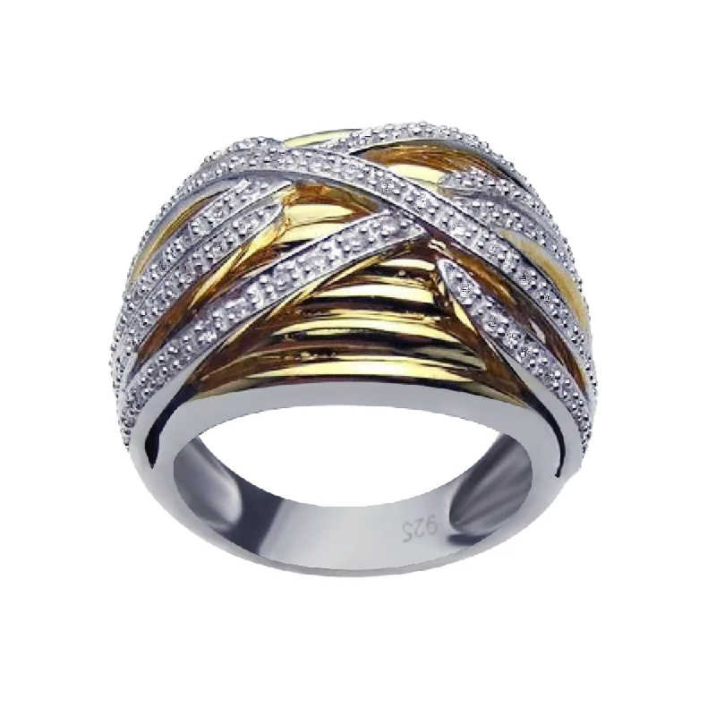 Clearance-Silver 925 Rhodium and Gold Plated Clear CZ Overlapping Ring - BGR00181