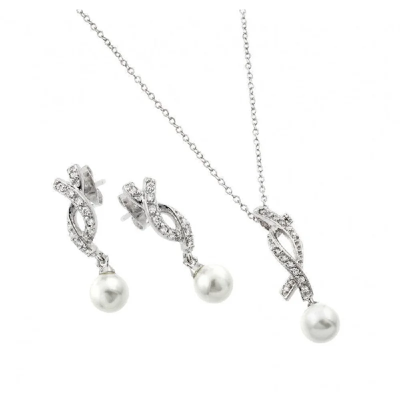 Silver 925 Rhodium Plated Pearl Drop Overlapping Ribbon CZ Hanging Stud Earring and Hanging Necklace Set - BGS00444