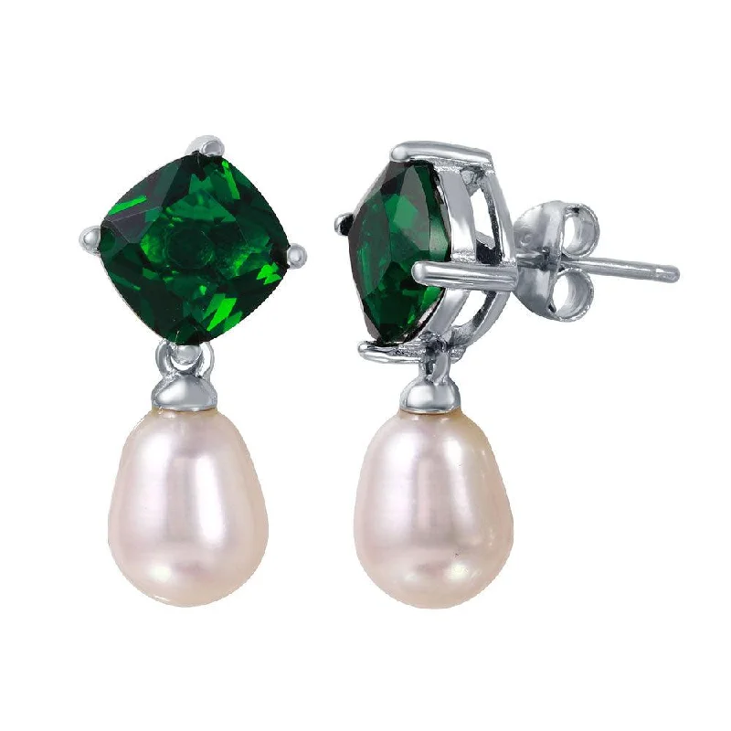 Silver 925 Rhodium Plated Round Green CZ Dangling Fresh Water Pearl Earrings - BGE00448GRN