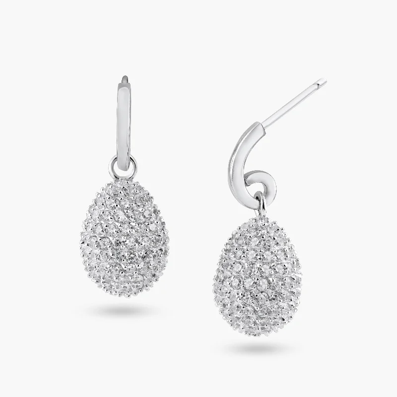 Silver 925 Rhodium Plated Oval Disco Ball Pear CZ Dangling Stud Earrings - BGE00135