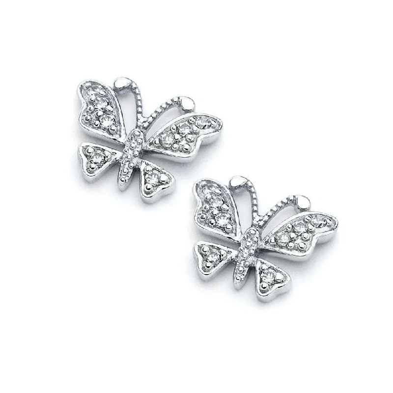 Silver 925 Rhodium Plated Open Butterfly CZ Stud Earrings - BGE00354