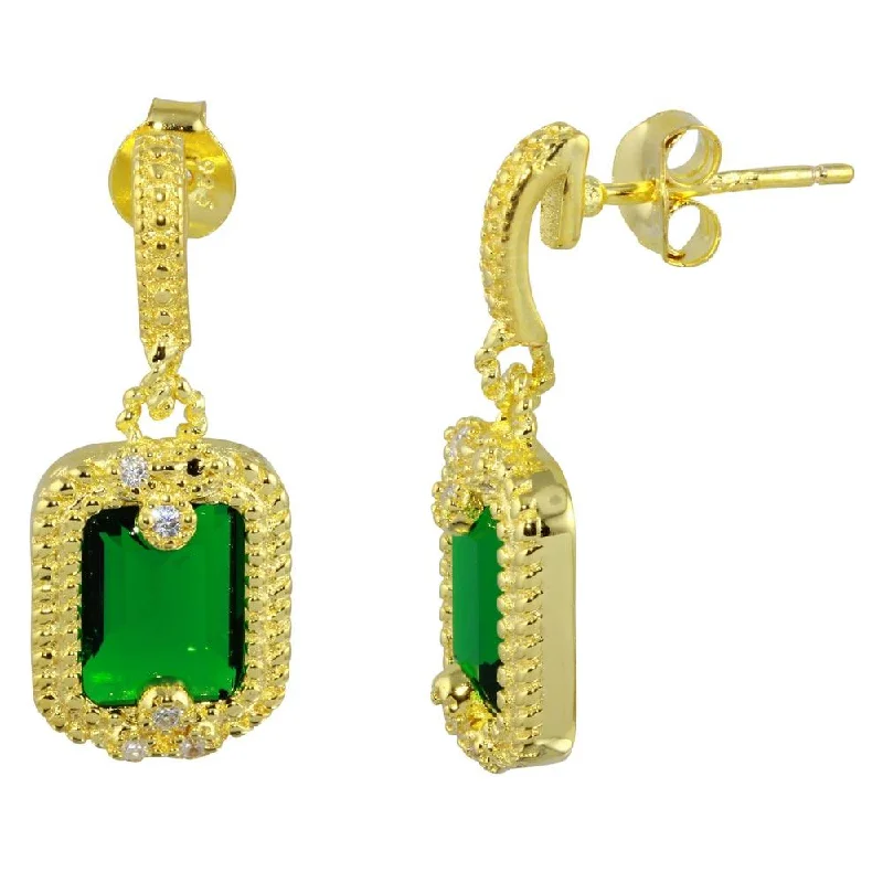 Gold Plated 925 Sterling Silver Green Rectangle Dangling Earrings - BGE00561GRN