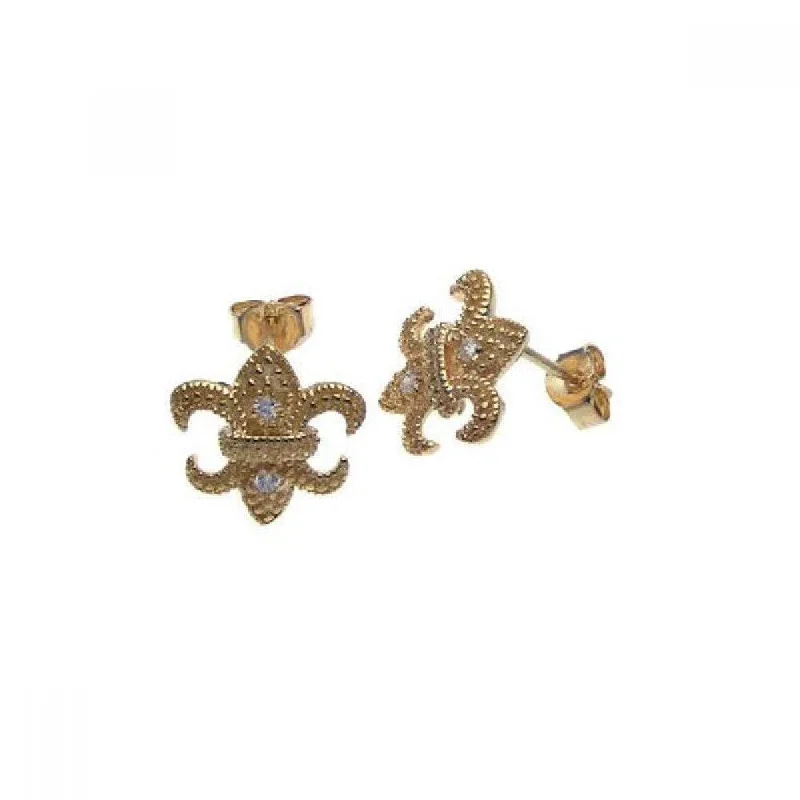 Silver 925 Gold Plated Fleur De Lis CZ Post Earrings - STE00571GP