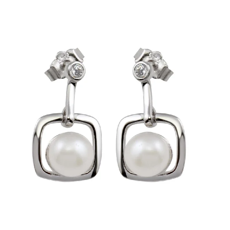 Rhodium Plated 925 Sterling Silver Dangling Square Earrings with Synthetic Pearl and CZ - BGE00583