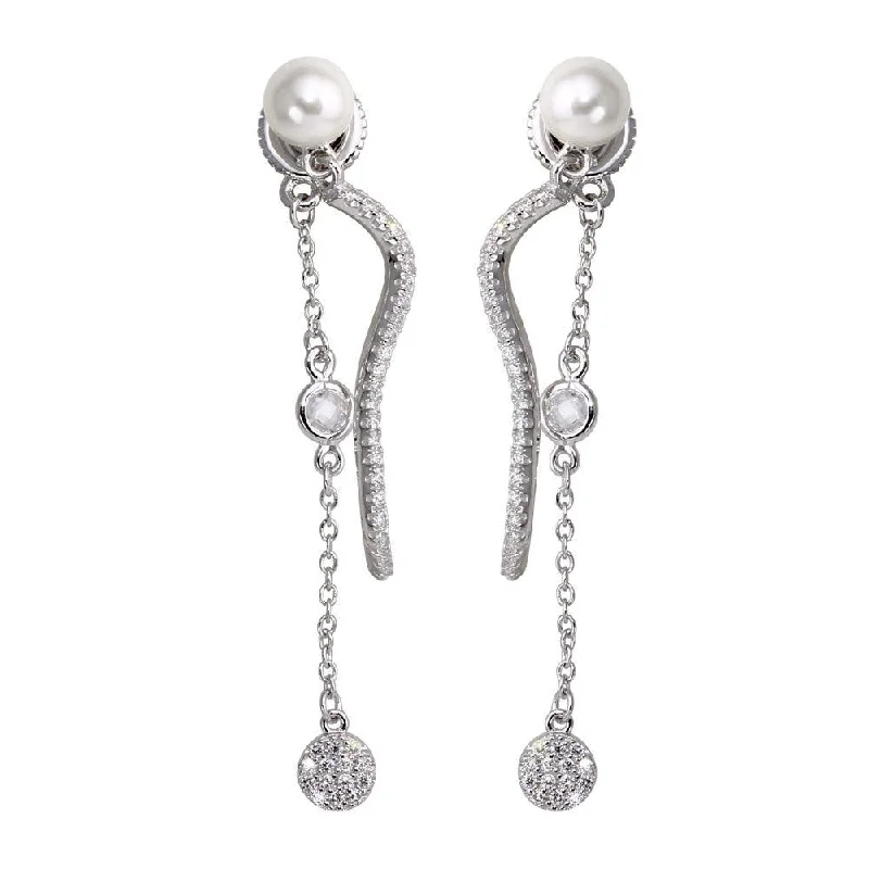 Rhodium Plated 925 Sterling Silver Front and Back Dangling Earrings with CZ and Synthetic Pearl - BGE00585