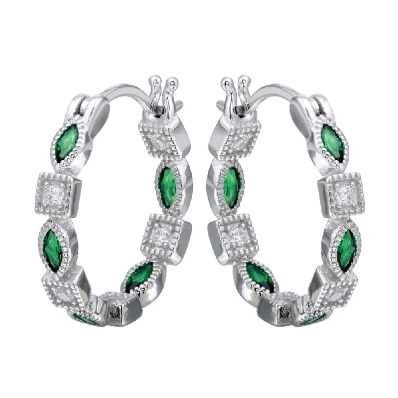 Rhodium Plated 925 Sterling Silver Inner and Outer Green Clear CZ Hoop Earrings - STE01122GRN