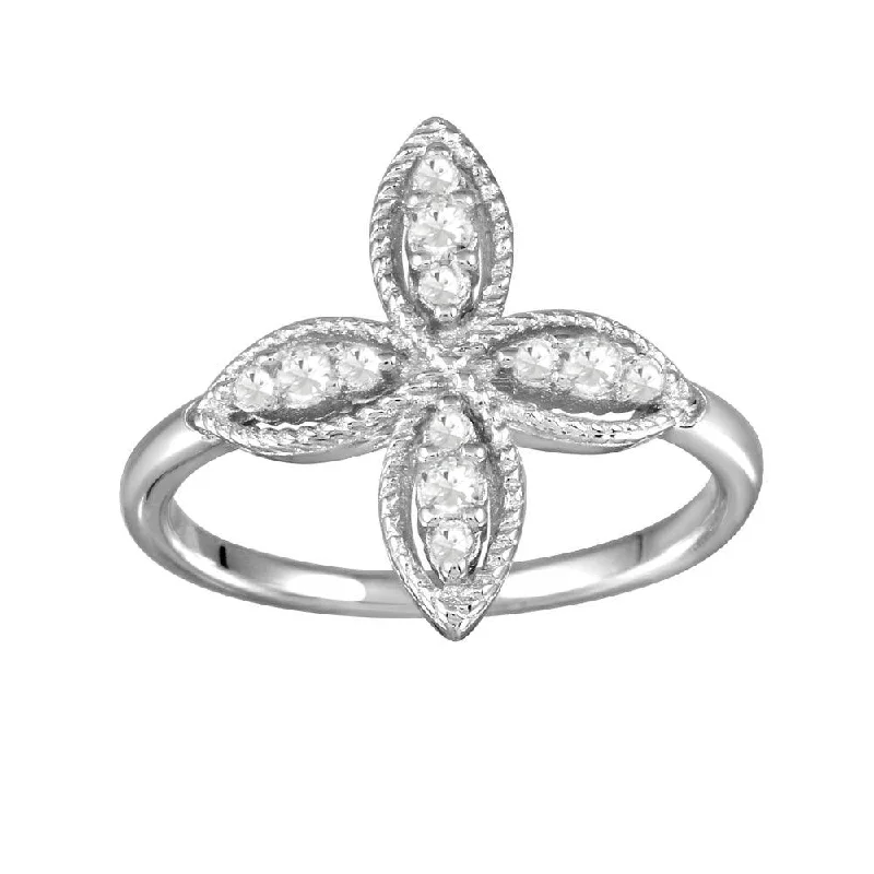 Rhodium Plated 925 Sterling Silver Four Petal Ring with CZ - BGR01176