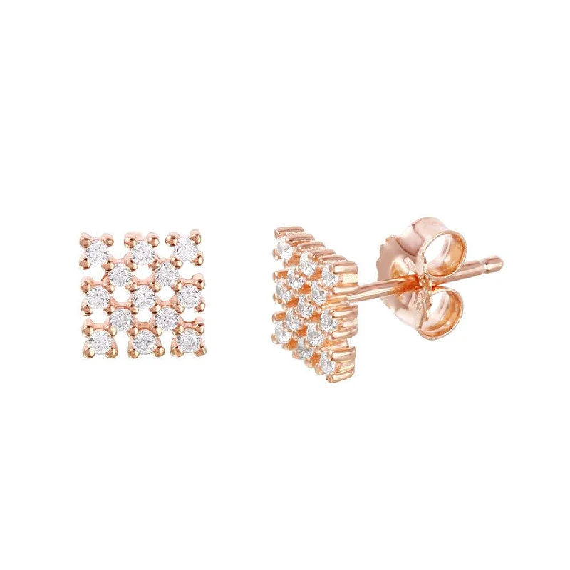 Silver 925 Rose Gold Plated Small Square Checkered CZ Stud Earrings - ACE00078RGP