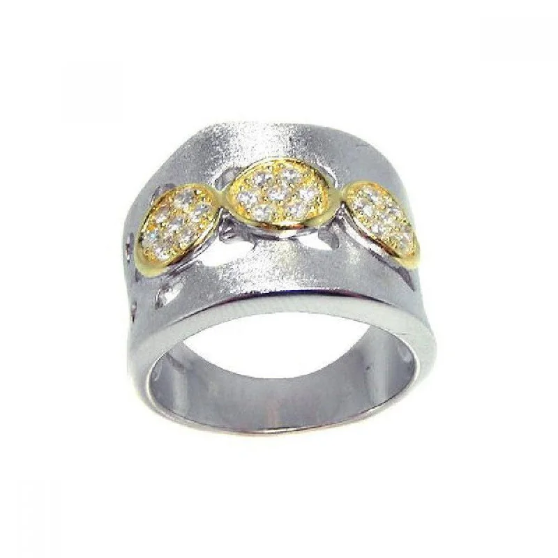 Clearance-Silver 925 Rhodium and 3 Gold Plated Circle Matte Finish CZ Ring - STR00559