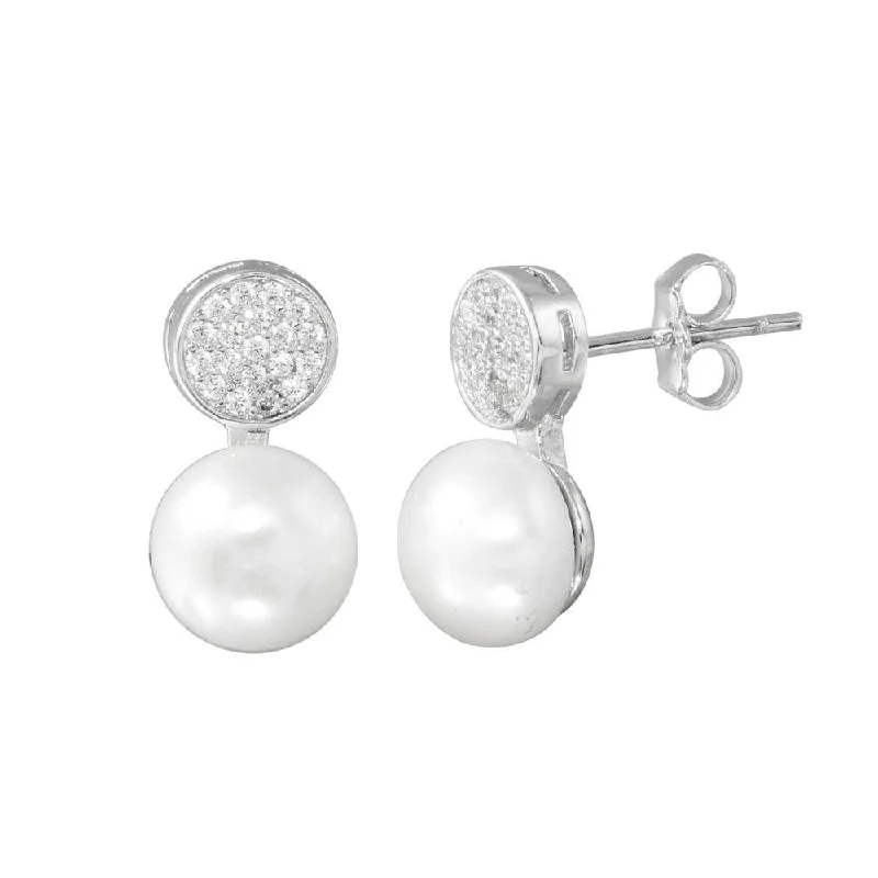 Rhodium Plated 925 Sterling Silver CZ Encrusted Disc Dangling Pearl Earring - BGE00628