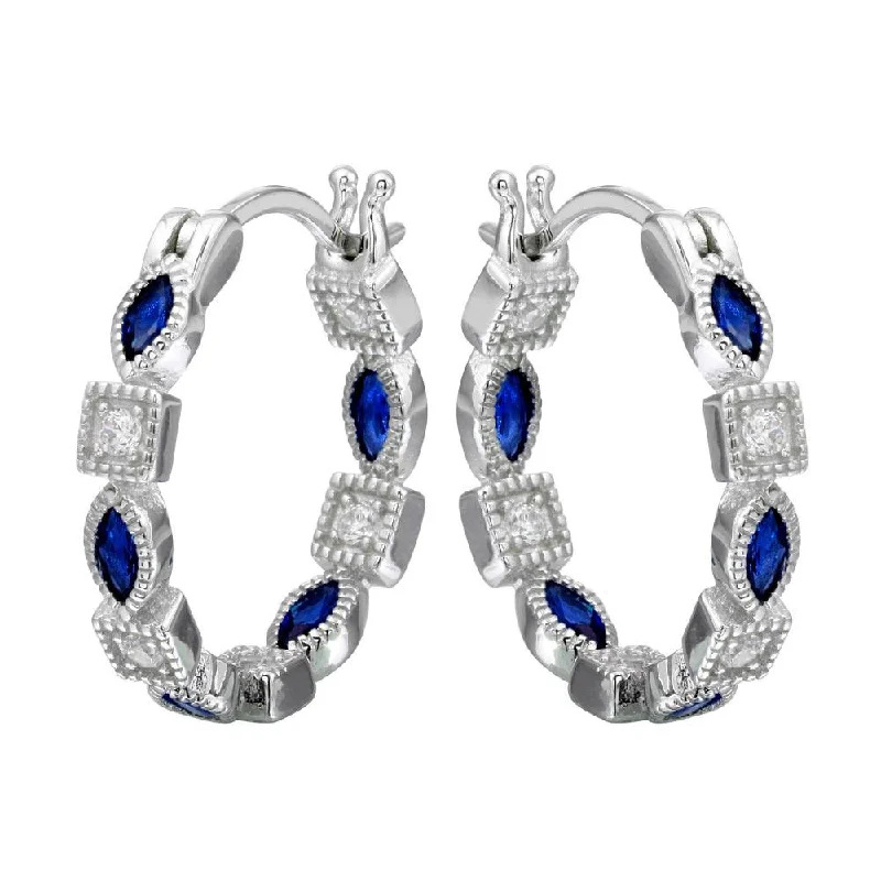 Rhodium Plated 925 Sterling Silver Inner and Outer Blue Clear CZ Hoop Earrings - STE01122BLU