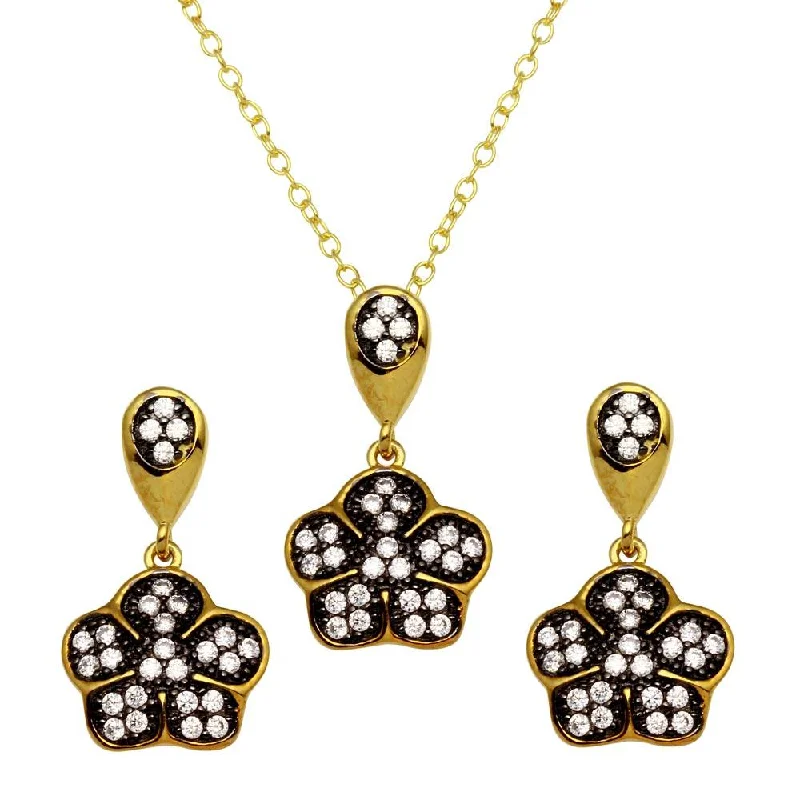 Gold Plated 925 Sterling Silver Flower Necklace and Earrings Set with CZ - BGS00546