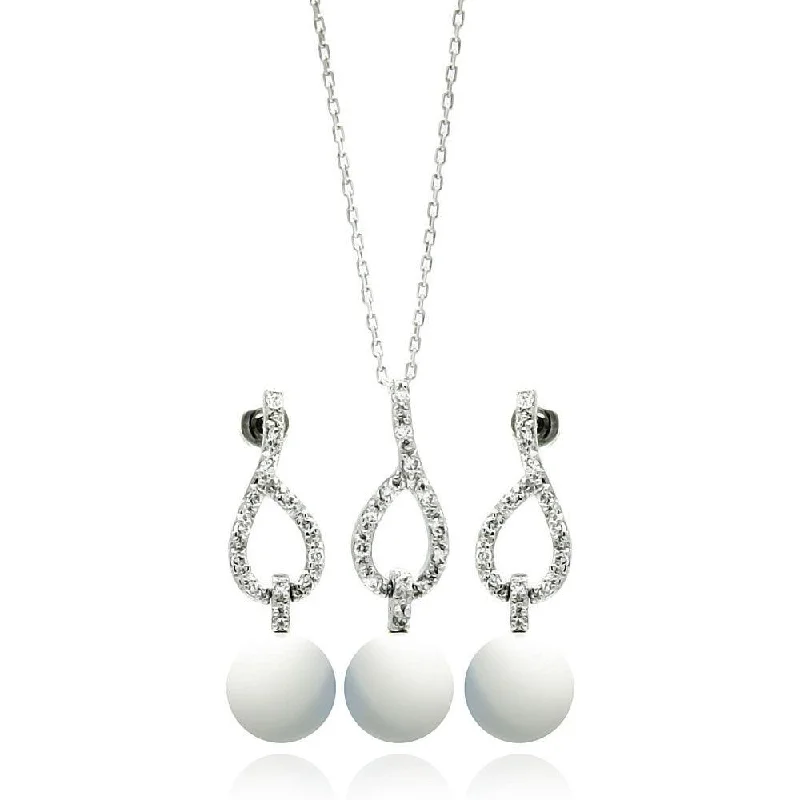 Silver 925 Rhodium Plated Pearl Clear Open Teardrop CZ Dangling Stud Earring and Dangling Necklace Set - BGS00243