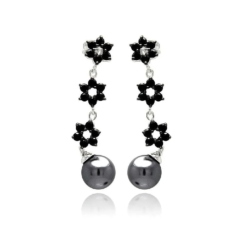 Silver 925 Rhodium Plated Flower Round CZ Black Synthetic Pearl Dangling Stud Earrings - BGE00238